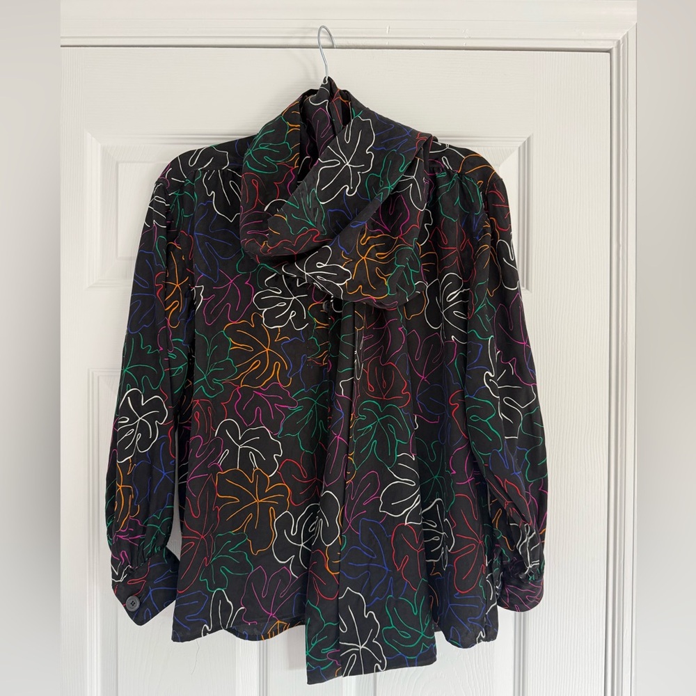 Vintage Saint Laurent Black Multicolor Leaf Print Blouse